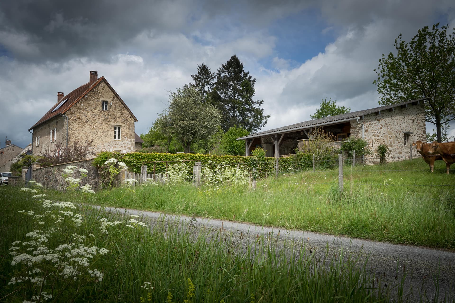 La Terrade stone farmhouse and barn among wildflowers and rolling green hills